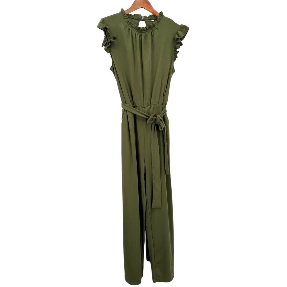 Belted Jumpsuit Ruffle Cap Sleeve Cropped Straight Leg Olive Green Size Medium